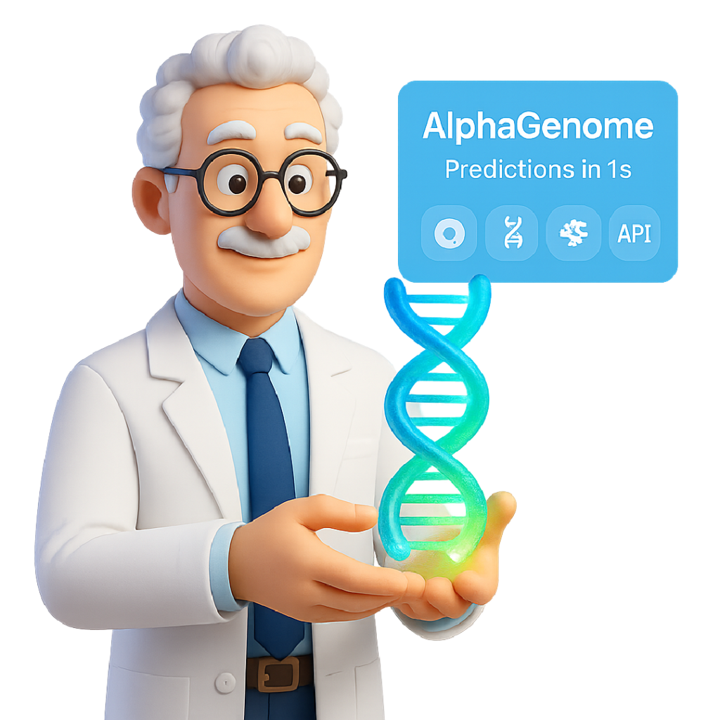 caricatura de doctor sostiene doble hélice de ADN y AlphaGenome